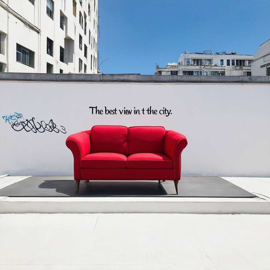 a red sofa on top of a white building. Graffiti with the text "the best view in the city"