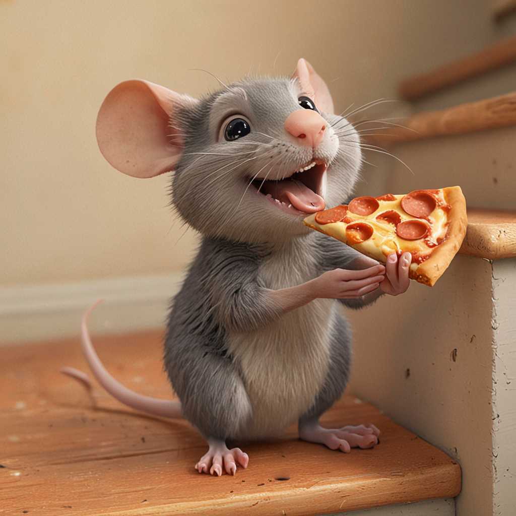 a pixar style cartoon of a rat carrying a slice of pizza down the stairs in its mouth