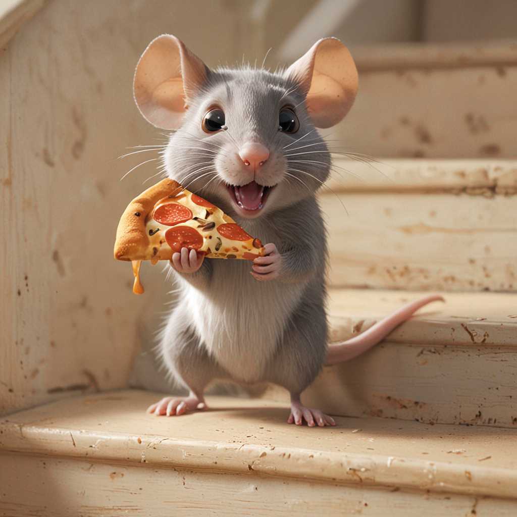 a pixar style cartoon of a rat carrying a slice of pizza down the stairs in its mouth