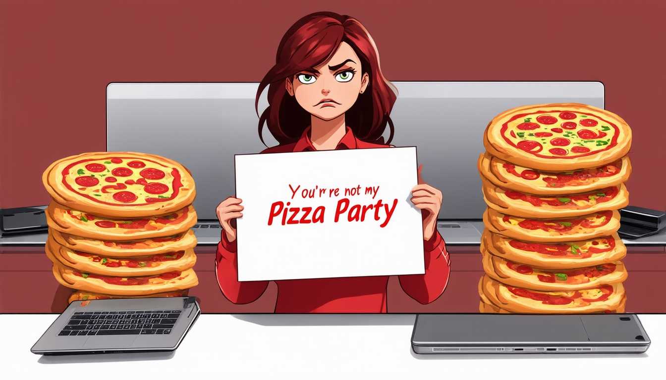 cartoon Woman with angry look holding sign that says "You're not my Pizza Party" with stacks of pizza and laptops in the background