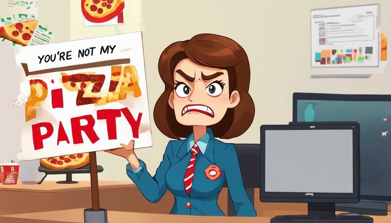 cartoon Woman supervisor with angry look holding sign that says "You're not my Pizza Party" with pizza and computers in the background