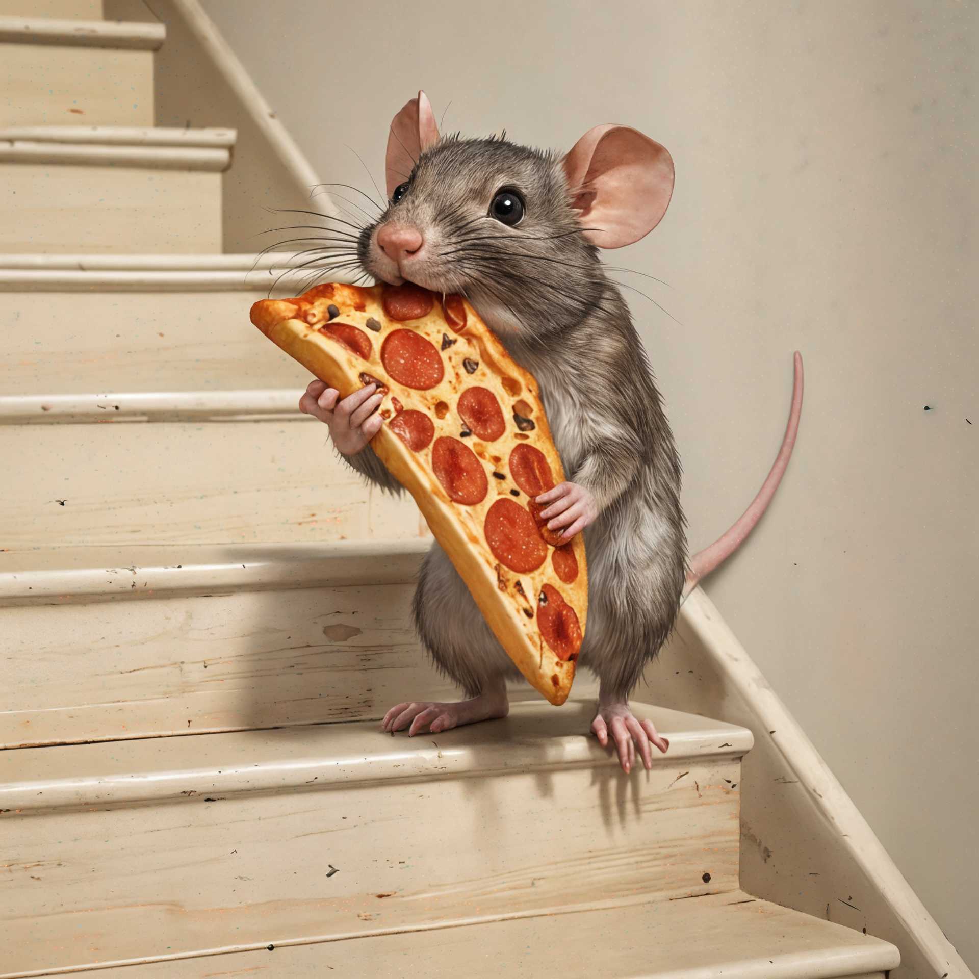 An Imaginative Rodent with a Craving for Pizza Slices Climbs the Staircase