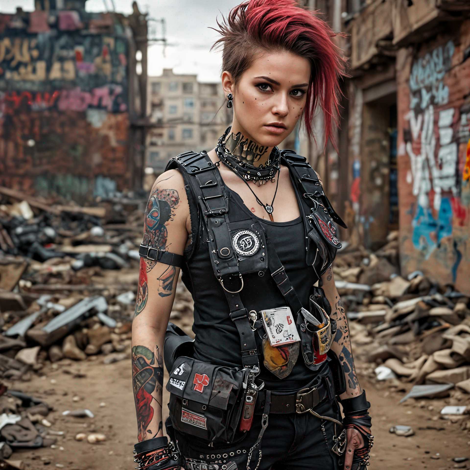 Post-Apocalyptic Warrior with Edgy Fashion and Tattoos