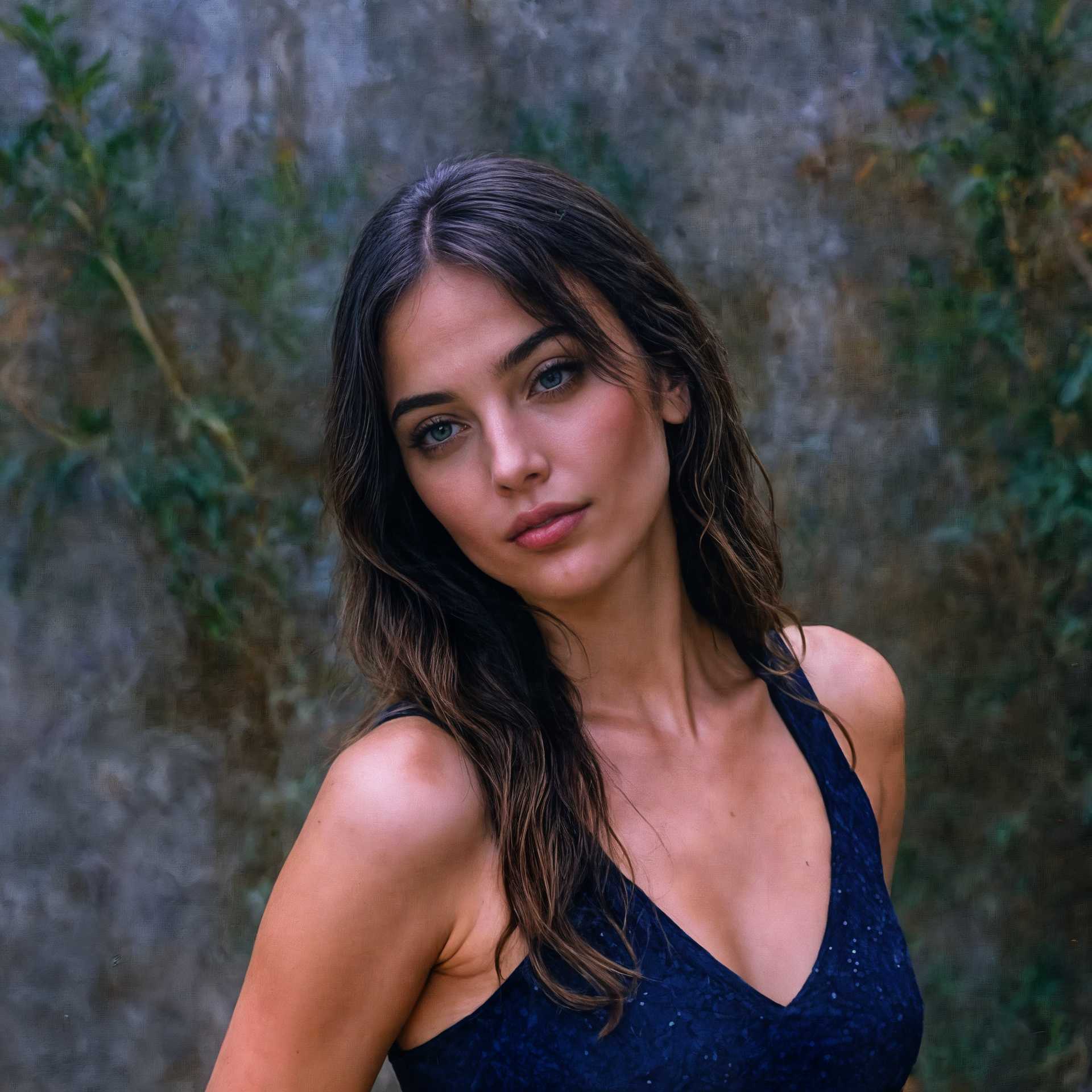 Stylish Woman in Blue Dress with Long Hair