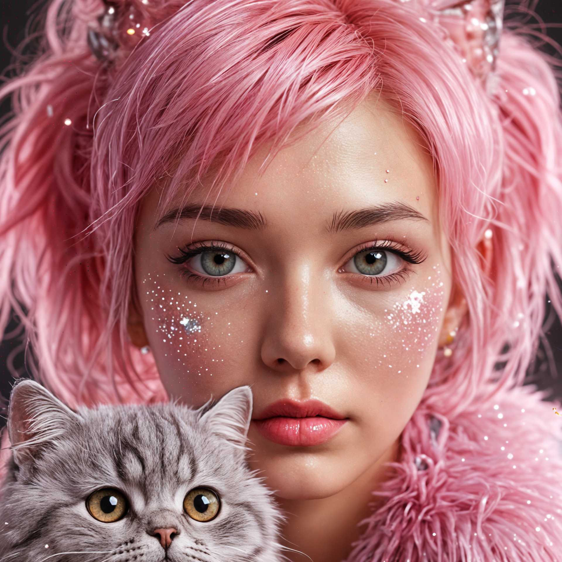 Enchanting portrait of a pink-haired individual with a fluffy grey cat, both adorned in sparkling accessories.