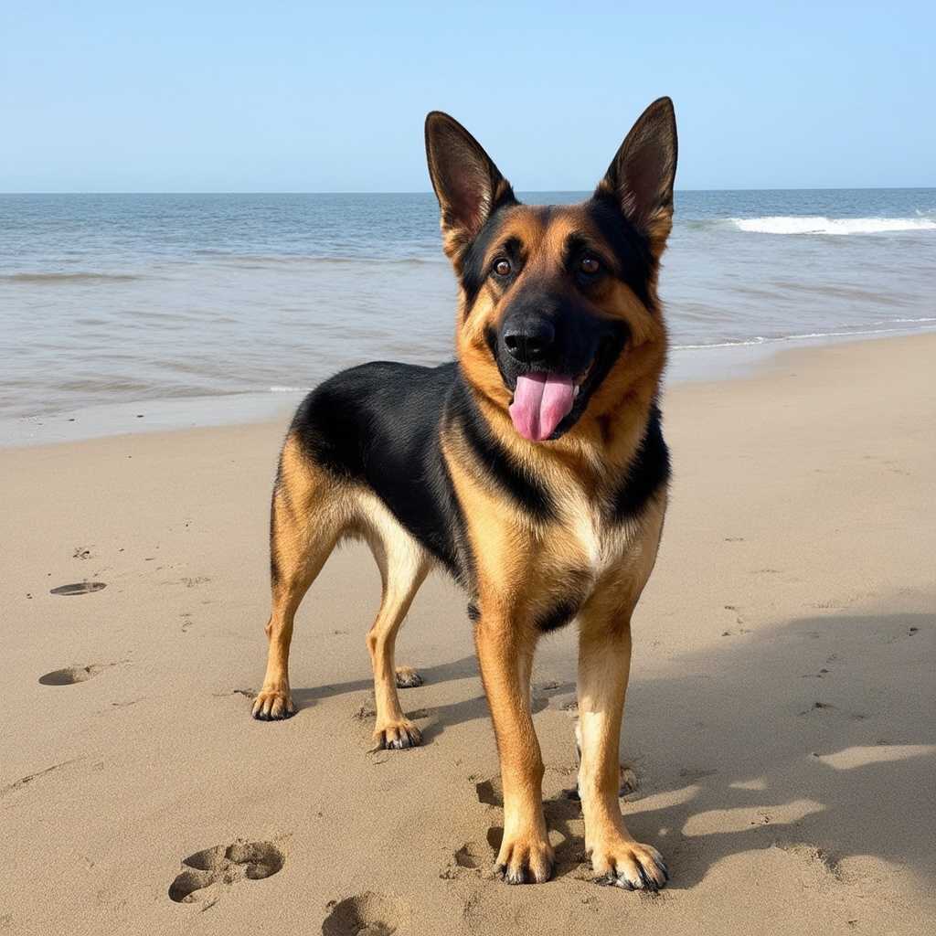 In the image, a German Shepherd dog is the main subject, standing on a sandy beach. The dog, with its black and tan coat, is facing the camera, its mouth slightly open as if panting. The beach is not empty, as there are footprints visible in the sand, suggesting the presence of other people or animals.  The background of the image provides a contrast to the sandy beach. It features a clear blue sky and a calm sea, adding to the serene atmosphere of the scene. The horizon line is visible, separating the sky from the sea.  The image captures a moment of tranquility and natural beauty, with the German Shepherd adding a touch of life and activity to the otherwise peaceful landscape