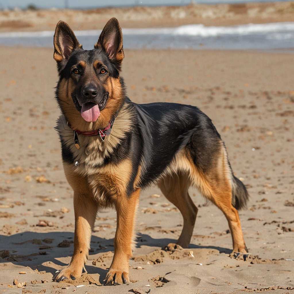 In the image, a German Shepherd dog is the main subject, standing on a sandy beach. The dog, with its black and tan coat, is facing the camera, its mouth slightly open as if panting. The beach is not empty, as there are footprints visible in the sand, suggesting the presence of other people or animals.  The background of the image provides a contrast to the sandy beach. It features a clear blue sky and a calm sea, adding to the serene atmosphere of the scene. The horizon line is visible, separating the sky from the sea.  The image captures a moment of tranquility and natural beauty, with the German Shepherd adding a touch of life and activity to the otherwise peaceful landscape