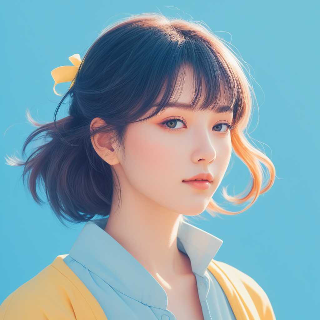 Beautiful anime style illustration of a lovely Woman, wearing vibrant flat colors on a blue background with a pastel color palette. Bright daylight lighting is used, yellowcore 