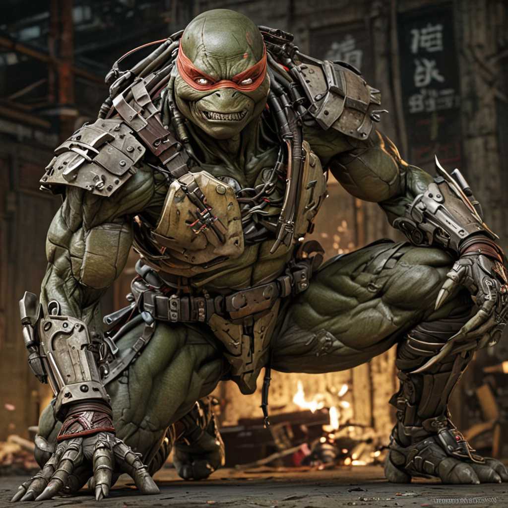 An intensely detailed depiction of a cyborg version of the character (((Raphael))) from Teenage Mutant Ninja Turtles, showcasing intricate Japanese art influences and demonic features. The shot captures him in a dynamic fighting pose, his face adorned with ((cybernetic enhancements)) and ((prosthetics)) with intricate details. This stunning image, whether a digital painting or a photograph, radiates an ultra-realistic quality that immerses viewers in its hyper-detailed composition. Every aspect of the character's bruised and beaten appearance is rendered with meticulous precision, enhancing the overall impact of the scene.