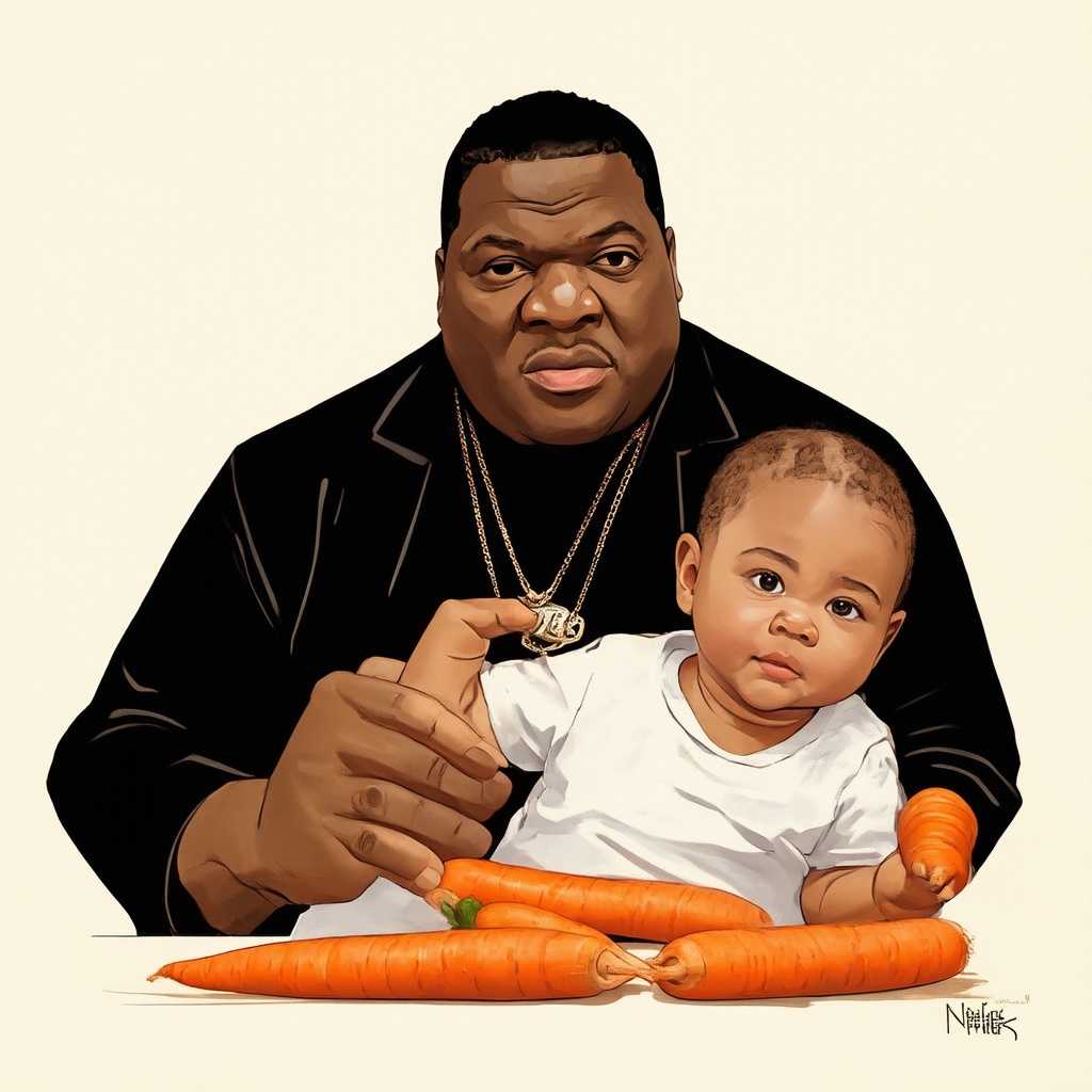 notorious big and a baby girl. Notorious big is putting 5 carrots in a baby girls ear