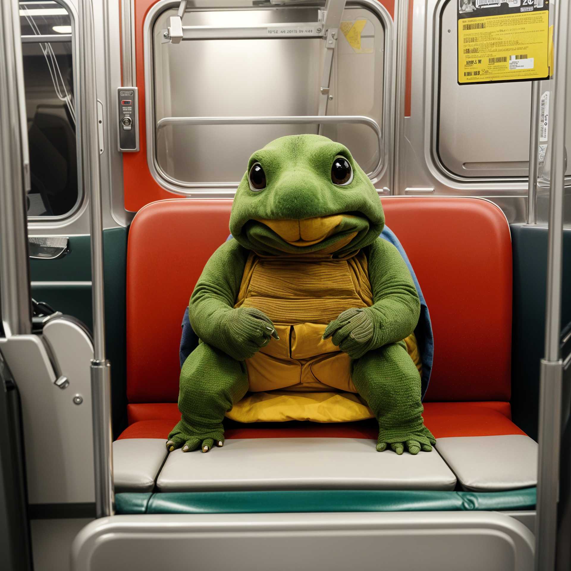 An amusing turtle plush toy comfortably seated on a subway train.