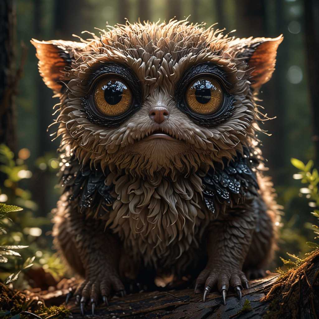 Medium shot, Adorable creature with big reflective eyes, moody lighting, best quality, full body portrait, real picture, intricate details, depth of field, in a forest, fujifilm xt3, outdoors, bright day, beautiful lighting, raw photo, 8k uhd, film grain, unreal engine 5, ray tracing