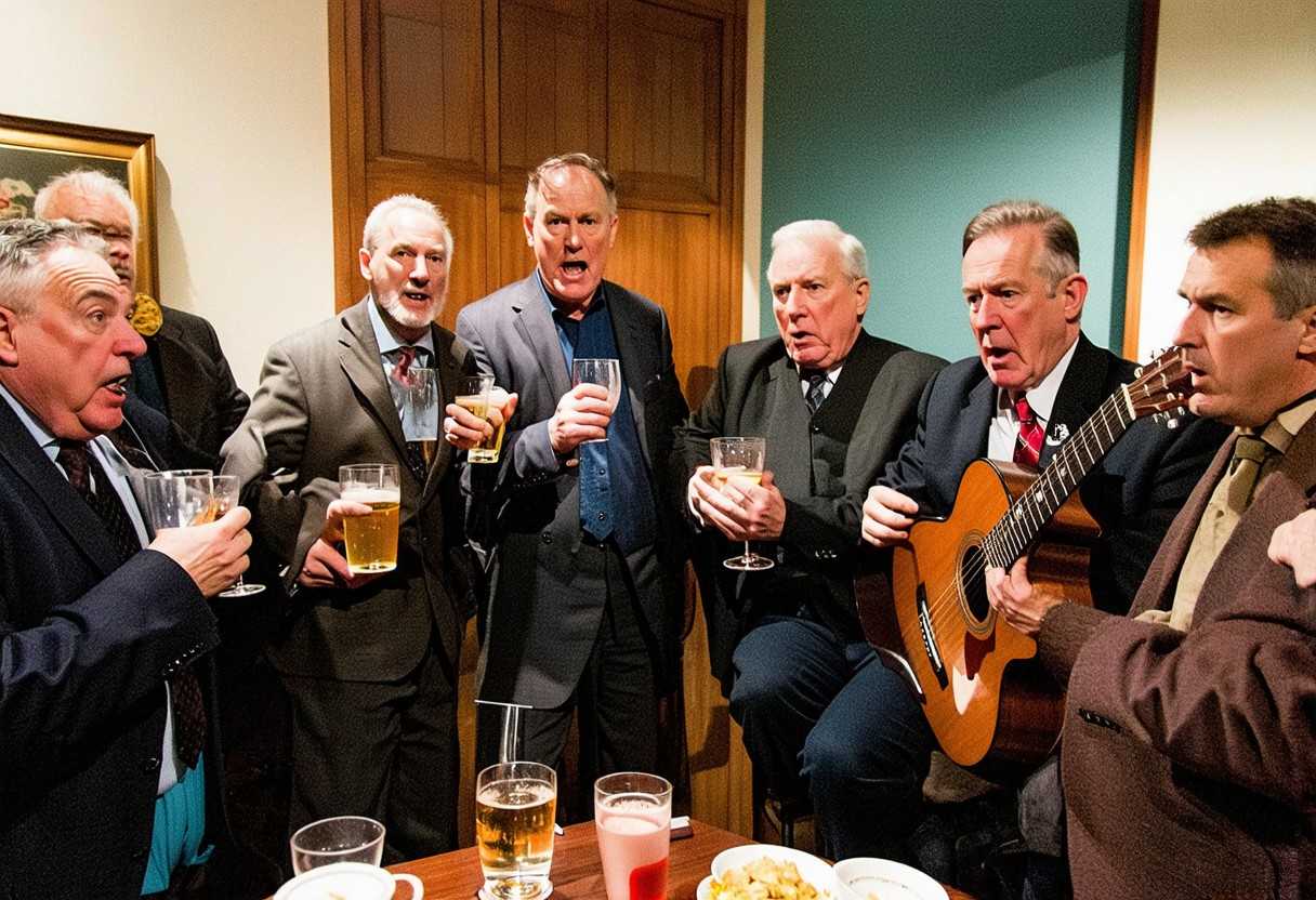 An Irish drinking social club of drunk people singing tunes of their homeland