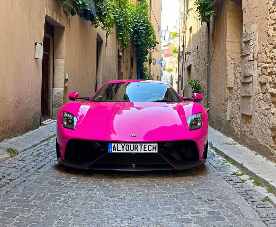 a photo of a sleek modern electric sports car with giant wheels, the wheels are too big, wheels turned, slight side view of car, it is parked badly on an ancient pebbledash French alleyway, the tyres have a white vintage look, white tyres, the car is neon pink, there are trees and vines on the walls, washing lines above the road, and a scared cat, the registration plate says “AllYourTech”, portugal vibes