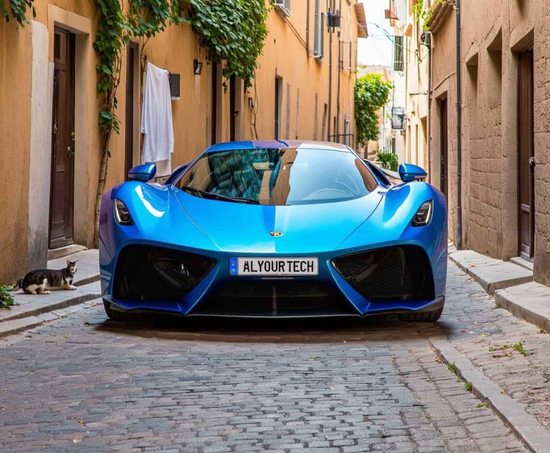 a photo of a sleek modern electric sports car with giant wheels, the wheels are too big, wheels turned, slight side view of car, it is parked badly on an ancient pebbledash portuguese alleyway,  the car is bright blue, there are trees and vines on the walls, washing lines above the road, and a scared cat, the registration plate says “AllYourTech”, portugal vibes