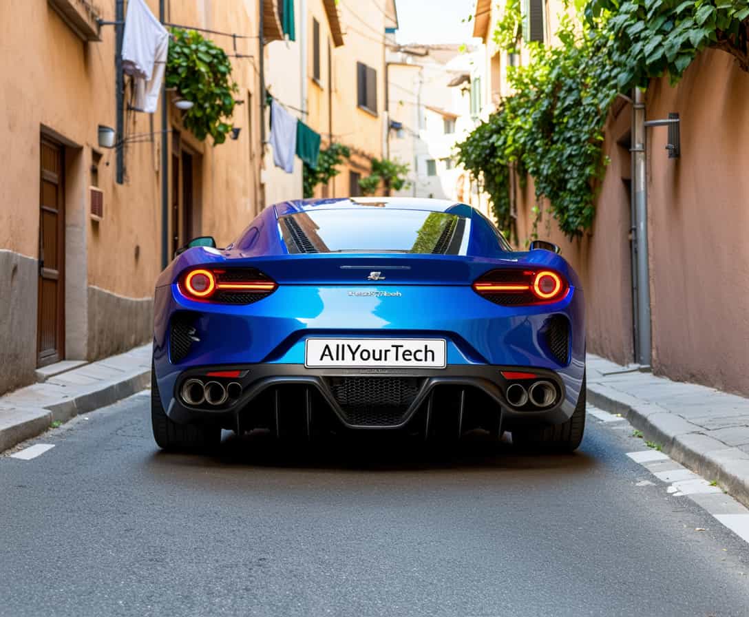 a photo of a sleek modern electric sports car, wheels turned, slight side view of car, it is parked on an ancient portuguese alleyway,  the car is bright blue, there are trees and vines on the walls, washing lines above the road,  the registration plate says “AllYourTech”, portugal vibes