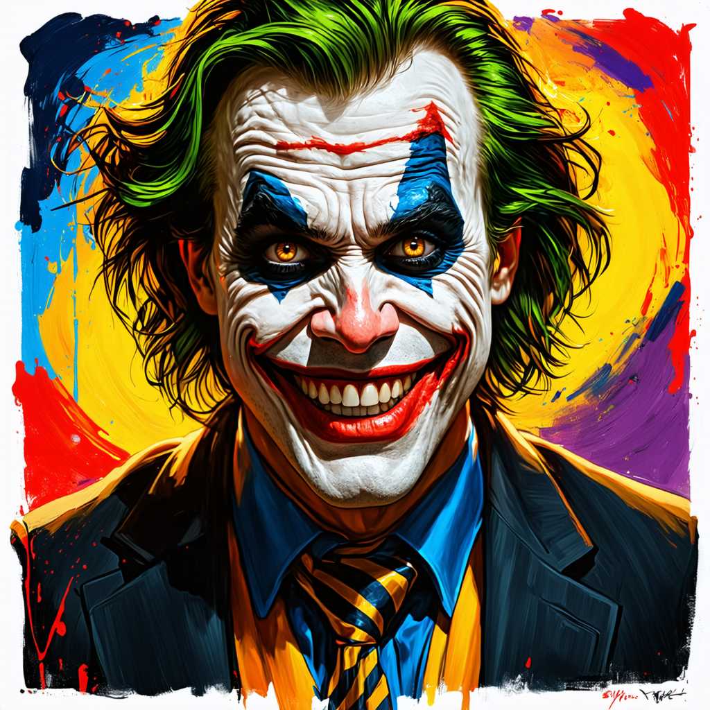 In this dark and captivating close-up portrait, the Joker is depicted with his iconic grin, showcasing his wildly colorful makeup. The background is a chaotic swirl of vibrant, dripping, and flowing colors, reminiscent of oil paint. The Joker's eyes glow with evil intensity, as if he's leering directly at the viewer. This striking image highlights the AI's skill in capturing the sinister essence of the character, blending whimsical and dark fantasy elements with vivid portrait photography and painting techniques., dark fantasy, painting, portrait photography, vibrant