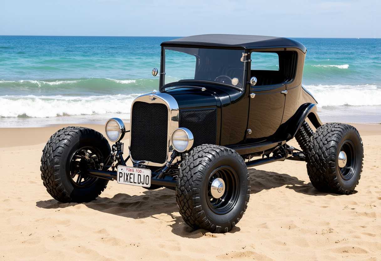 a photo of a sleek modern electric ford model t 1920 sports car with giant wheels, converted to a monster truck, the wheels are too big, wheels turned, slight side view of car, it is parked on a sandy beach by the waves,  portuguese seaside town the car is neon colored,  the registration plate says “PIXELDOJO”, spaceship garden vibes
