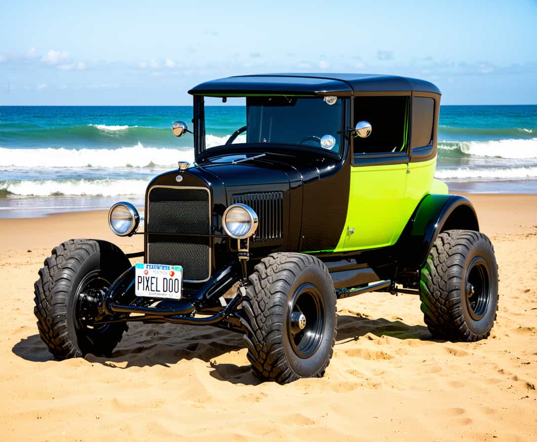 a photo of a sleek modern electric ford model t 1920 sports car with giant wheels, converted to a monster truck,  the license plate says “PIXEL DOJO”, slight side view of car, it is parked on a sandy beach by the waves,  portuguese seaside town the car is neon colored
