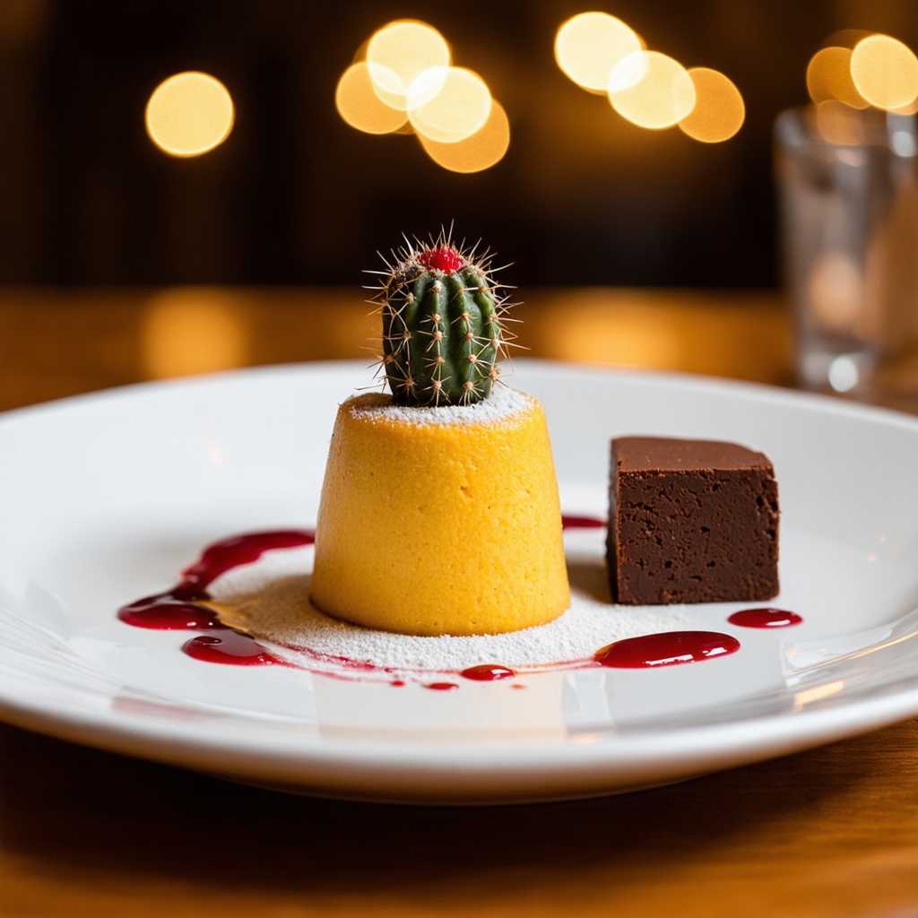 an instagram style food photo that captures a close-up of a dessert on a white plate, which is set against a blurred background that suggests a dining environment. The dessert is a creative and visually striking combination of textures and colors.  At the center of the plate is a cylindrical yellow dessert, which appears to be a mousse or custard, dusted with a fine layer of powdered sugar that gives it a snowy appearance. The yellow dessert is topped with a small, round cactus, which adds an unexpected and whimsical touch to the dish. The cactus has spiky green leaves and a reddish center, which contrasts with the yellow of the dessert below.  To the right of the yellow dessert, there is a piece of dark brown, textured dessert that resembles a chocolate mousse or a chocolate terrine. It has a rough, grainy surface that catches the light, giving it a slightly glossy appearance.  The dessert is artistically garnished with a few drops of a red coulis, which is artistically drizzled in a circular pattern around the yellow dessert. The coulis has a shiny, glossy finish and a deep red color that stands out against the white plate.   The plate itself is white, which serves to highlight the vibrant colors of the dessert. The plate has a subtle sheen and appears to be of high quality, with a slight raised rim that neatly frames the dessert.  The background of the image is softly blurred, with warm, ambient lighting that suggests an indoor setting, likely a restaurant or a well-lit dining room. The bokeh effect of the lights adds a cozy and inviting atmosphere to the image.