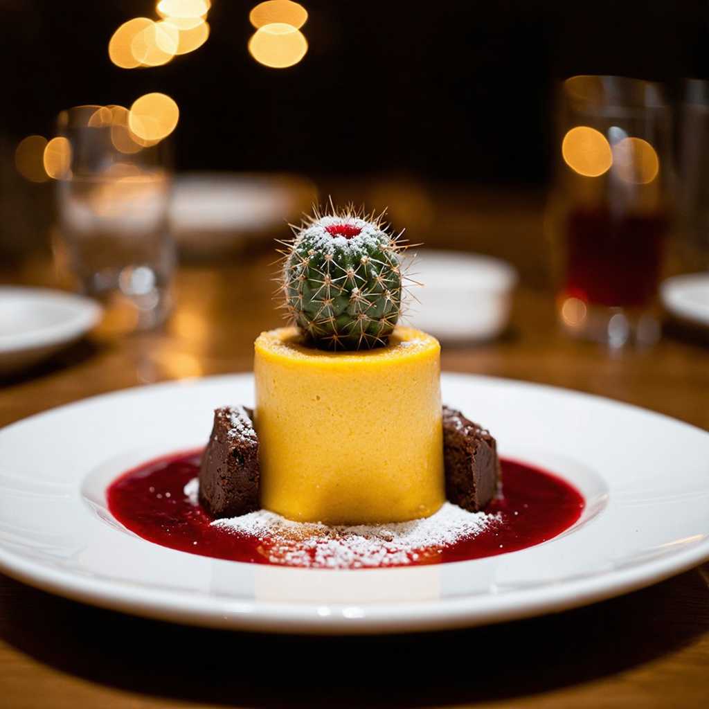 an instagram style food photo that captures a close-up of a dessert on a white plate, which is set against a blurred background that suggests a dining environment. The dessert is a creative and visually striking combination of textures and colors.  At the center of the plate is a cylindrical yellow dessert, which appears to be a mousse or custard, dusted with a fine layer of powdered sugar that gives it a snowy appearance. The yellow dessert is topped with a small, round cactus, which adds an unexpected and whimsical touch to the dish. The cactus has spiky green leaves and a reddish center, which contrasts with the yellow of the dessert below.  To the right of the yellow dessert, there is a piece of dark brown, textured dessert that resembles a chocolate mousse or a chocolate terrine. It has a rough, grainy surface that catches the light, giving it a slightly glossy appearance.  The dessert is artistically garnished with a few drops of a red coulis, which is artistically drizzled in a circular pattern around the yellow dessert. The coulis has a shiny, glossy finish and a deep red color that stands out against the white plate.   The plate itself is white, which serves to highlight the vibrant colors of the dessert. The plate has a subtle sheen and appears to be of high quality, with a slight raised rim that neatly frames the dessert.  The background of the image is softly blurred, with warm, ambient lighting that suggests an indoor setting, likely a restaurant or a well-lit dining room. The bokeh effect of the lights adds a cozy and inviting atmosphere to the image.