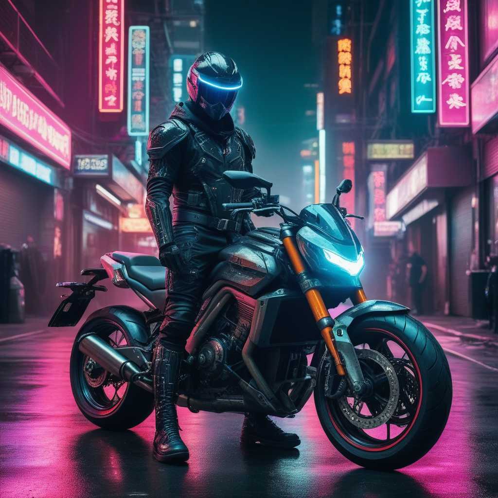 NeonLit Night A Cyberpunk Motorcyclist in an Asian Cityscape