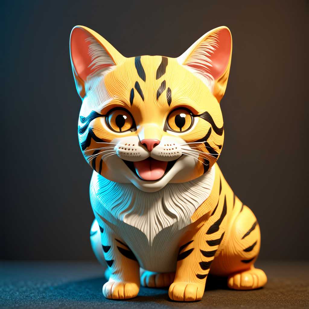 an exotic cat with magnificent colours smiling the cat will be 3d and have a porcelain look with mesmerising patterns and geometry 