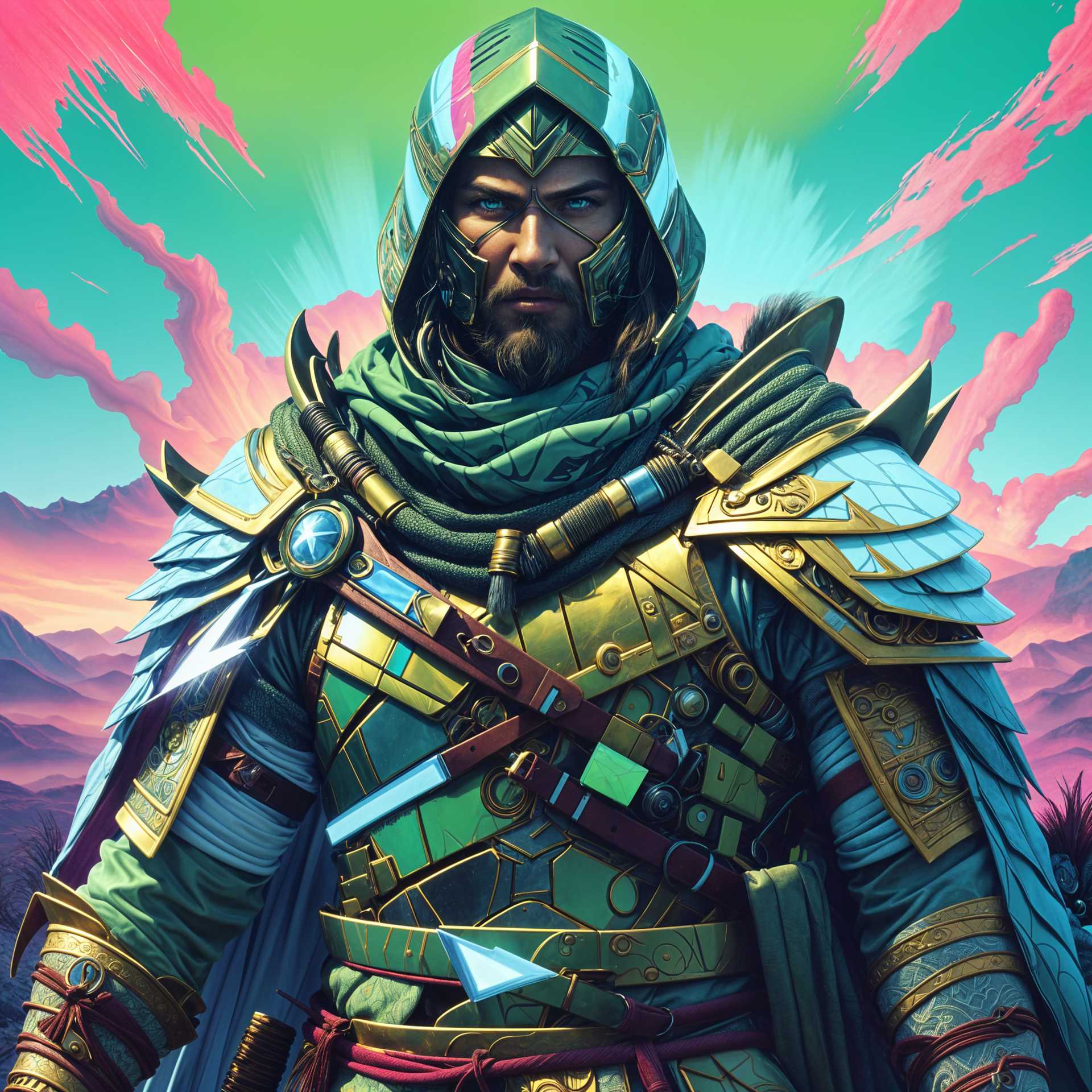 Enigmatic Warrior in Futuristic Armor Against a Neon-Drenched Sky