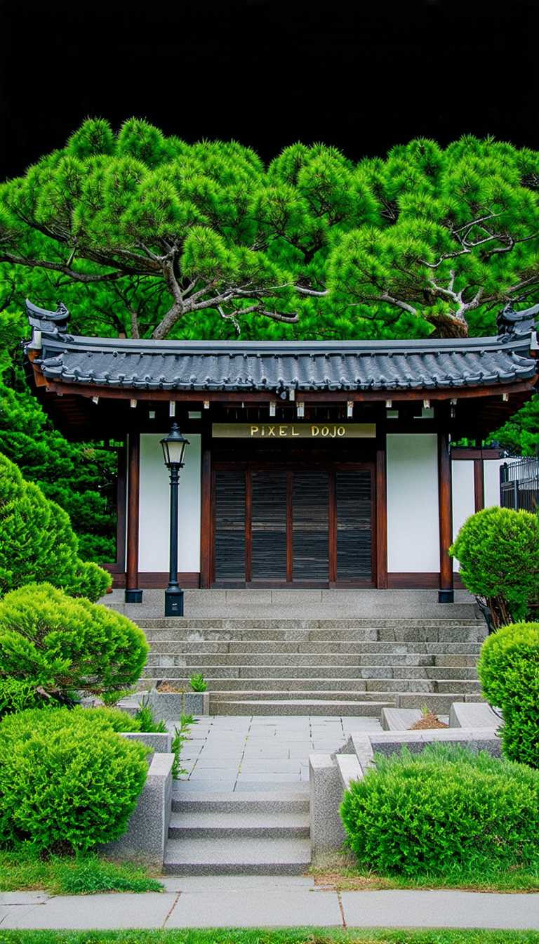 A japanese garden with a dojo and an ancient sign that reads "Pixel Dojo"
