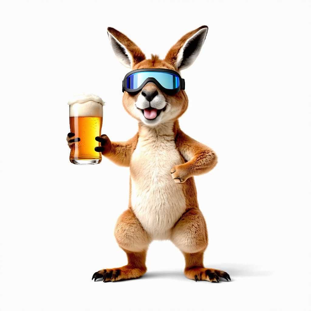 a kangaroo holding a beer, wearing ski goggles, and passionately singing silly songs