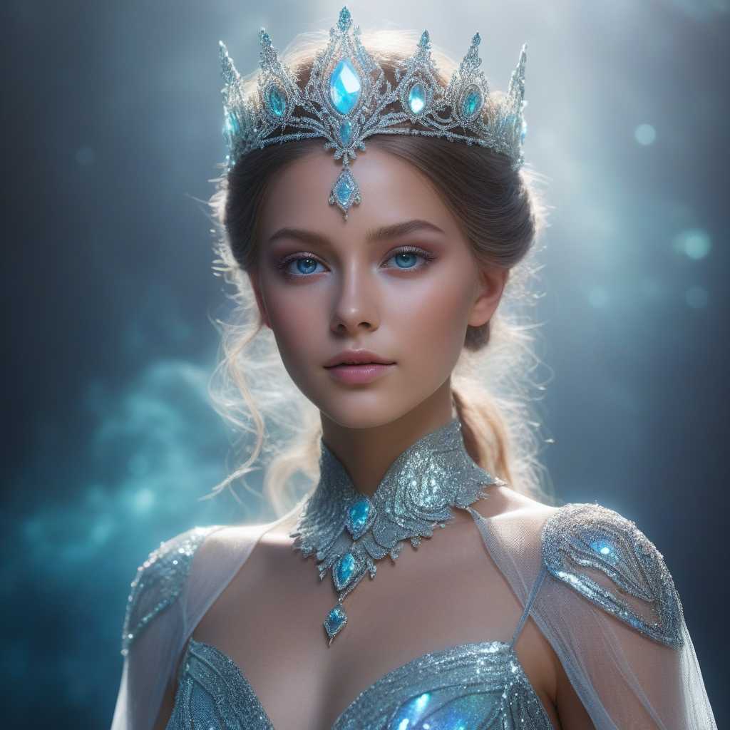 Ethereal fantasy princess, otherworldly beauty, glowing skin, iridescent eyes, floating hair, magical particle effects, volumetric fog, ray-traced global illumination, cinema 4D quality render