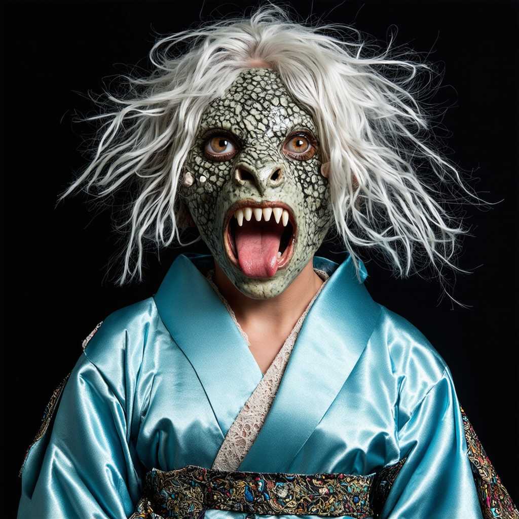 This image features an individual with a highly stylized and surreal appearance. The person's hair is white and appears wild and unkempt, with strands sticking out in various directions. The hair is adorned with an assortment of objects, including what seem to be small fish, seaweed, and what could be coral or sea shells, giving it a marine or aquatic theme.  The person's attire is traditional, with a garment that appears to be a kimono, characterized by its light blue color and the elegant, flowing silhouette. The kimono is detailed with lace and beadwork, adding a touch of sophistication to the overall look.  The most striking feature of the image is the person's face, which is covered in a mask-like structure. This mask is composed of an eclectic mix of organic and inorganic elements. It includes a variety of textures and patterns, such as scales, spots, and stripes, reminiscent of fish or reptile skin. The mask is adorned with what appear to be eyes, some with irises and pupils, others with a more abstract design. These eyes are scattered across the mask, giving the impression of a multitude of gazes.  The person's mouth is wide open, as if caught mid-shout or song, and is lined with what look like teeth made of wood or bone, adding to the creature-like aesthetic. The teeth are irregular in shape and size, and are set against a backdrop of what could be a tongue, made of a translucent material with a mottled pattern.  The overall effect of the image is one of fantasy and surrealism, as the elements come together to create a being that is both human and otherworldly. The combination of the traditional kimono with the marine-inspired hair and mask creates a juxtaposition between the familiar and the fantastical, inviting viewers to ponder the story or the context behind this striking portrayal.
