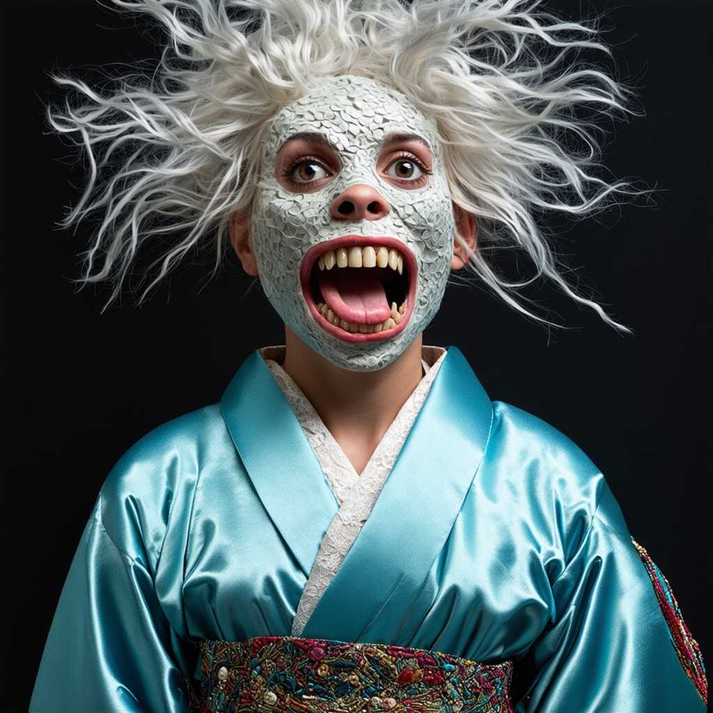 This image features an individual with a highly stylized and surreal appearance. The person's hair is white and appears wild and unkempt, with strands sticking out in various directions. The hair is adorned with an assortment of objects, including what seem to be small fish, seaweed, and what could be coral or sea shells, giving it a marine or aquatic theme.  The person's attire is traditional, with a garment that appears to be a kimono, characterized by its light blue color and the elegant, flowing silhouette. The kimono is detailed with lace and beadwork, adding a touch of sophistication to the overall look.  The most striking feature of the image is the person's face, which is covered in a mask-like structure. This mask is composed of an eclectic mix of organic and inorganic elements. It includes a variety of textures and patterns, such as scales, spots, and stripes, reminiscent of fish or reptile skin. The mask is adorned with what appear to be eyes, some with irises and pupils, others with a more abstract design. These eyes are scattered across the mask, giving the impression of a multitude of gazes.  The person's mouth is wide open, as if caught mid-shout or song, and is lined with what look like teeth made of wood or bone, adding to the creature-like aesthetic. The teeth are irregular in shape and size, and are set against a backdrop of what could be a tongue, made of a translucent material with a mottled pattern.  The overall effect of the image is one of fantasy and surrealism, as the elements come together to create a being that is both human and otherworldly. The combination of the traditional kimono with the marine-inspired hair and mask creates a juxtaposition between the familiar and the fantastical, inviting viewers to ponder the story or the context behind this striking portrayal.