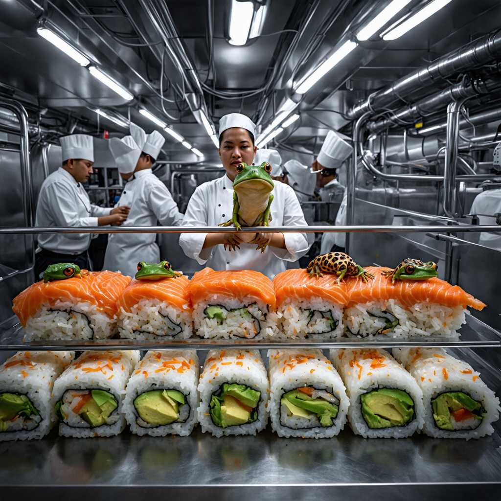 This image depicts a surreal and futuristic sushi-making factory. The factory is filled with an intricate network of clear, cylindrical tubes that are stacked on top of each other, creating a towering structure. These tubes are filled with various sushi rolls, each one meticulously arranged with different ingredients such as salmon, tuna, avocado, and seaweed.  At the base of the tubes, there are chefs in white uniforms and toques, who are intently observing the tubes. They appear to be monitoring the sushi-making process, ensuring that everything is going smoothly. The chefs are positioned on a walkway that runs horizontally across the tubes, allowing them to oversee the entire operation.  The tubes are connected by a complex network of pipes and tubes that crisscross above and below the walkway. These pipes likely serve as conduits for the sushi ingredients and tools necessary for the sushi-making process.  In the foreground, there are two distinct sushi rolls that stand out. One roll has a green frog perched on top, and the other has a leopard print frog. These whimsical additions add a touch of humor and surrealism to the scene.  The overall atmosphere of the image is one of industrious efficiency mixed with playful imagination. The chefs' focused expressions and the intricate setup of the factory convey a sense of precision and dedication to their craft. However, the inclusion of the frogs introduces a fantastical element, as it is not common to see live animals in a sushi-making environment.  The lighting in the image is bright and artificial, casting a sterile glow over the entire factory. The colors are vivid, with the orange of the salmon, the green of the avocado, and the white of the rice creating a visually appealing palette.  Overall, this image is a creative and imaginative take on the sushi-making process, blending reality with fantasy to create a captivating and thought-provoking scene.