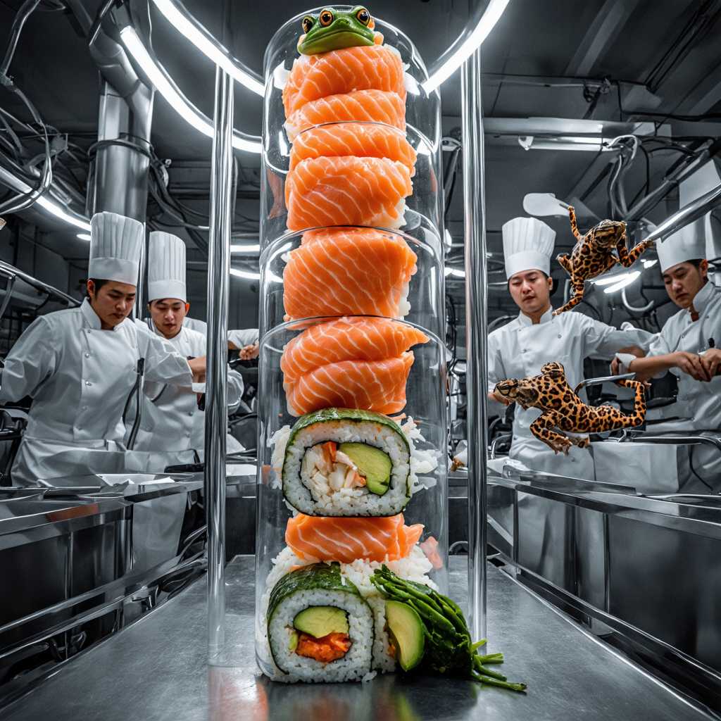 This image depicts a surreal and futuristic sushi-making factory. The factory is filled with an intricate network of clear, cylindrical tubes that are stacked on top of each other, creating a towering structure. These tubes are filled with various sushi rolls, each one meticulously arranged with different ingredients such as salmon, tuna, avocado, and seaweed.  At the base of the tubes, there are chefs in white uniforms and toques, who are intently observing the tubes. They appear to be monitoring the sushi-making process, ensuring that everything is going smoothly. The chefs are positioned on a walkway that runs horizontally across the tubes, allowing them to oversee the entire operation.  The tubes are connected by a complex network of pipes and tubes that crisscross above and below the walkway. These pipes likely serve as conduits for the sushi ingredients and tools necessary for the sushi-making process.  In the foreground, there are two distinct sushi rolls that stand out. One roll has a green frog perched on top, and the other has a leopard print frog. These whimsical additions add a touch of humor and surrealism to the scene.  The overall atmosphere of the image is one of industrious efficiency mixed with playful imagination. The chefs' focused expressions and the intricate setup of the factory convey a sense of precision and dedication to their craft. However, the inclusion of the frogs introduces a fantastical element, as it is not common to see live animals in a sushi-making environment.  The lighting in the image is bright and artificial, casting a sterile glow over the entire factory. The colors are vivid, with the orange of the salmon, the green of the avocado, and the white of the rice creating a visually appealing palette.  Overall, this image is a creative and imaginative take on the sushi-making process, blending reality with fantasy to create a captivating and thought-provoking scene.