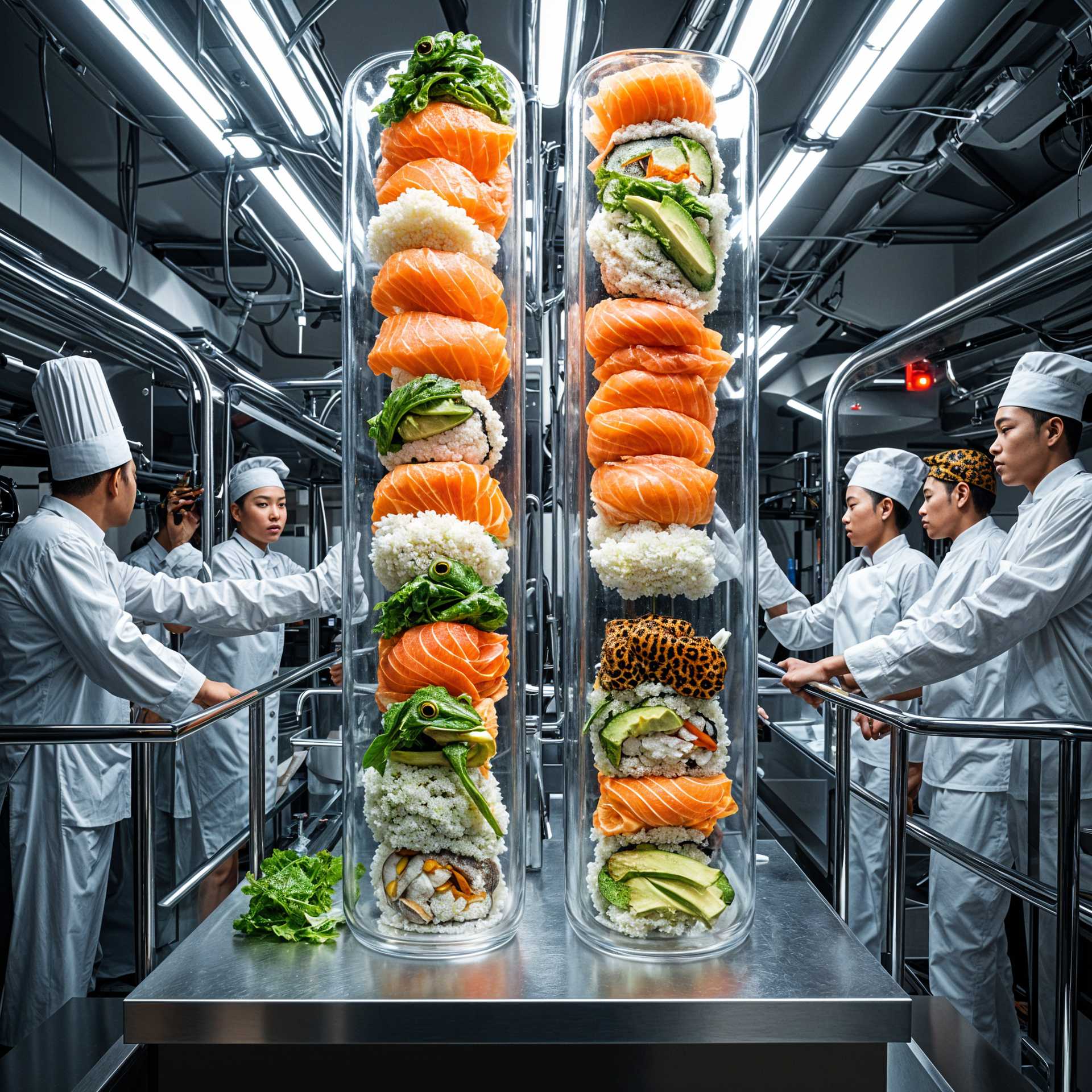 Artistic Tower of Sushi: Chefs in a High-Tech Kitchen