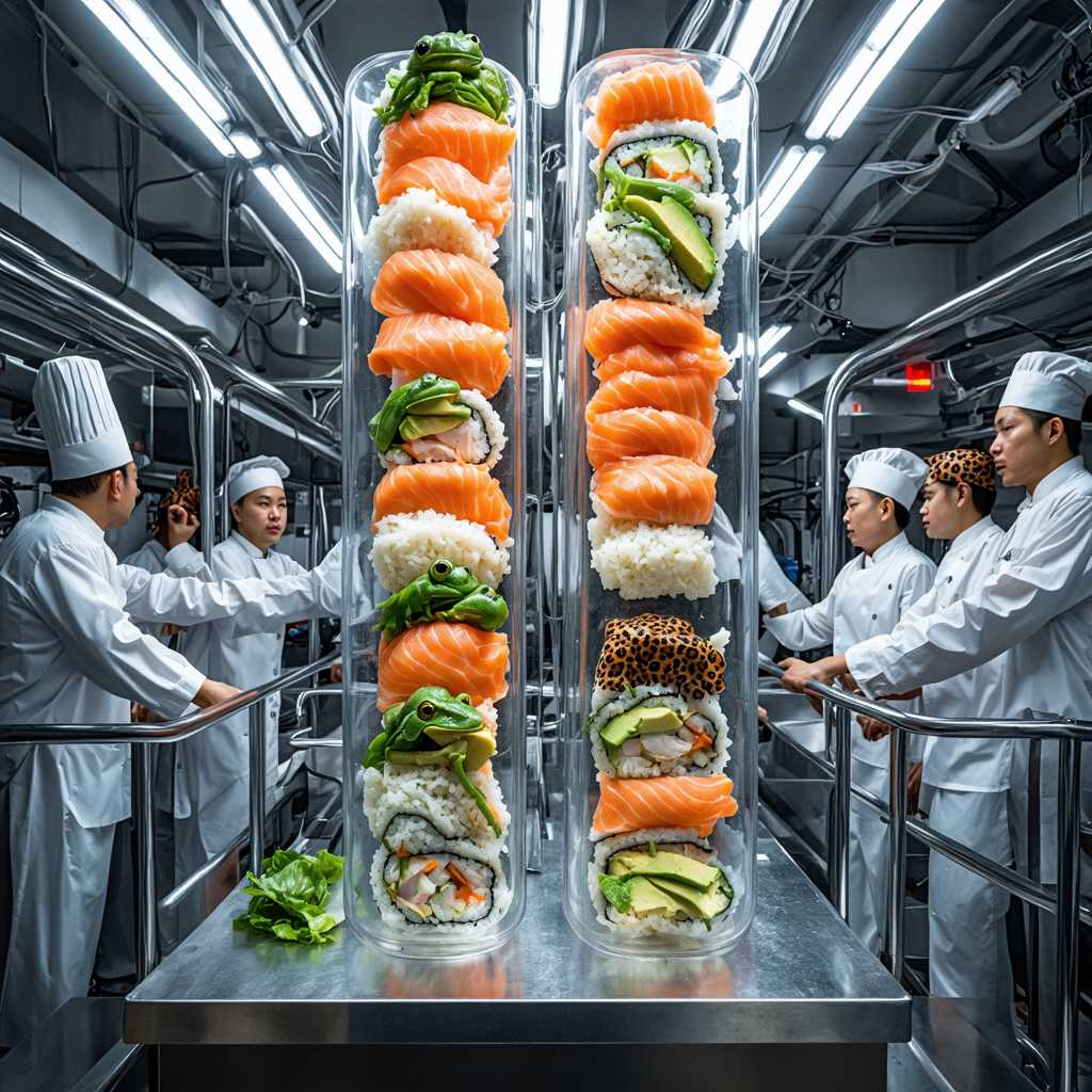 Artistic Tower of Sushi: Chefs in a High-Tech Kitchen