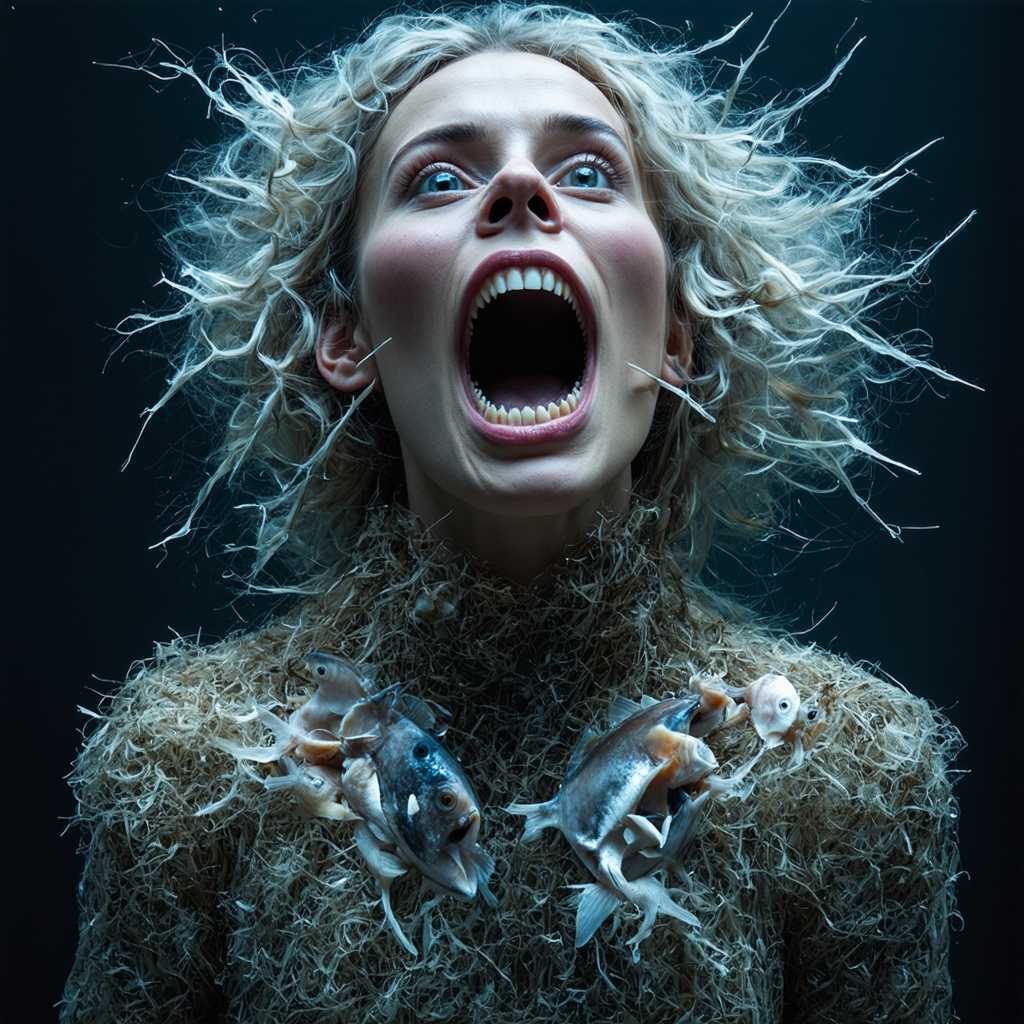 Imagine a visage that defies the ordinary, a canvas of the bizarre where nature and the macabre intertwine. The subject's hair, a cascade of white strands, seems to have taken on a life of its own, entwined with an assortment of sea creatures. These include ghostly fish, their eyes wide and staring, as if caught in a moment of surprise. Their scales shimmer with a translucent quality, revealing the inner workings of their skeletal frames.  The hair itself is a tangle of sharp, needle-like objects, each one piercing through the strands like icicles, giving the hair a spiky texture. Amongst these, there are clusters of shells, their interiors exposed, as if the creatures within have been hollowed out and left to dry. These shells come in a variety of shapes and sizes, some with patterns that resemble the ocean floor.  The skin of the subject is a patchwork of textures, from the roughness of the shells to the smooth, almost glass-like surfaces of the fish scales. There are protrusions that resemble barnacles, their claws gripping onto the skin, as if anchoring the subject to the depths of the sea.  The subject's mouth is wide open, as if in mid-shout or scream, and within the gaping maw, there are more fish, their fins spread out as if in a final, desperate attempt to escape. The teeth, if they can be called that, are sharp and jagged, reminiscent of shark teeth, and they are covered in barnacles and seaweed.  The subject is dressed in a garment that seems to be a blend of traditional and fantastical elements. The collar is adorned with lace and what appears to be dried seaweed, while the sleeves are embellished with what look like sea creatures, their tentacles and fins reaching outwards.  Overall, the image is a surreal and haunting portrayal of a being that seems to be both a part of the sea and separate from it, a creature that has been sculpted by the ocean's depths and the relentless passage of time.