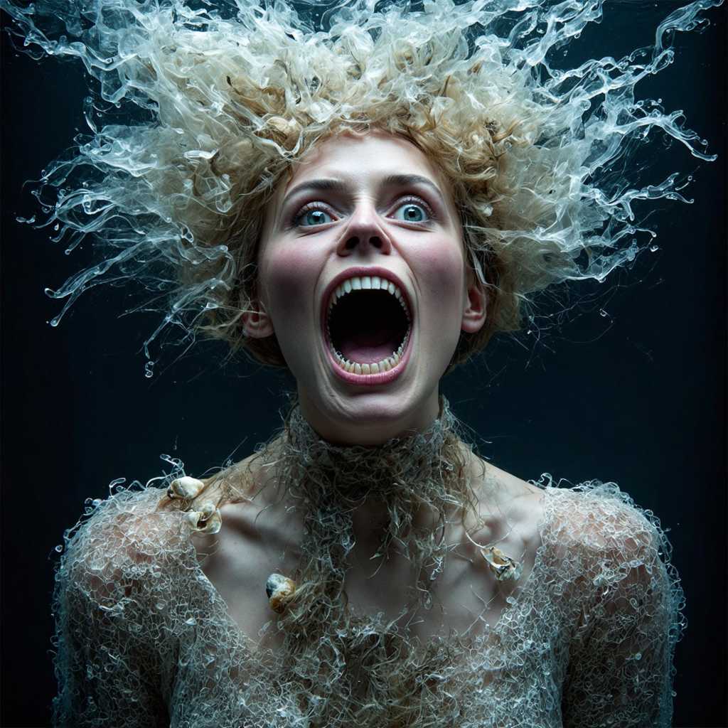 Imagine a visage that defies the ordinary, a canvas of the bizarre where nature and the macabre intertwine. The subject's hair, a cascade of white strands, seems to have taken on a life of its own, entwined with an assortment of sea creatures. These include ghostly fish, their eyes wide and staring, as if caught in a moment of surprise. Their scales shimmer with a translucent quality, revealing the inner workings of their skeletal frames.  The hair itself is a tangle of sharp, needle-like objects, each one piercing through the strands like icicles, giving the hair a spiky texture. Amongst these, there are clusters of shells, their interiors exposed, as if the creatures within have been hollowed out and left to dry. These shells come in a variety of shapes and sizes, some with patterns that resemble the ocean floor.  The skin of the subject is a patchwork of textures, from the roughness of the shells to the smooth, almost glass-like surfaces of the fish scales. There are protrusions that resemble barnacles, their claws gripping onto the skin, as if anchoring the subject to the depths of the sea.  The subject's mouth is wide open, as if in mid-shout or scream, and within the gaping maw, there are more fish, their fins spread out as if in a final, desperate attempt to escape. The teeth, if they can be called that, are sharp and jagged, reminiscent of shark teeth, and they are covered in barnacles and seaweed.  The subject is dressed in a garment that seems to be a blend of traditional and fantastical elements. The collar is adorned with lace and what appears to be dried seaweed, while the sleeves are embellished with what look like sea creatures, their tentacles and fins reaching outwards.  Overall, the image is a surreal and haunting portrayal of a being that seems to be both a part of the sea and separate from it, a creature that has been sculpted by the ocean's depths and the relentless passage of time.