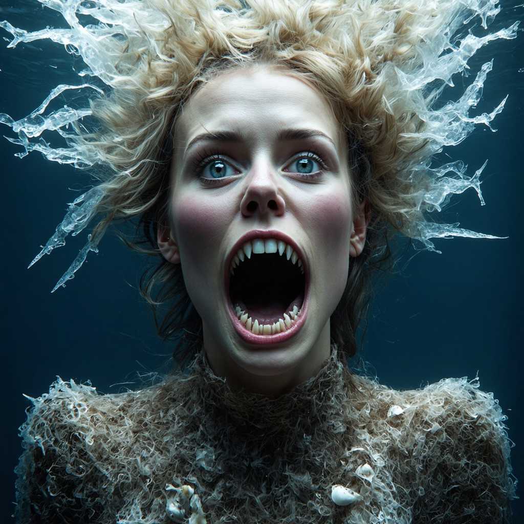 Imagine a visage that defies the ordinary, a canvas of the bizarre where nature and the macabre intertwine. The subject's hair, a cascade of white strands, seems to have taken on a life of its own, entwined with an assortment of sea creatures. These include ghostly fish, their eyes wide and staring, as if caught in a moment of surprise. Their scales shimmer with a translucent quality, revealing the inner workings of their skeletal frames.  The hair itself is a tangle of sharp, needle-like objects, each one piercing through the strands like icicles, giving the hair a spiky texture. Amongst these, there are clusters of shells, their interiors exposed, as if the creatures within have been hollowed out and left to dry. These shells come in a variety of shapes and sizes, some with patterns that resemble the ocean floor.  The skin of the subject is a patchwork of textures, from the roughness of the shells to the smooth, almost glass-like surfaces of the fish scales. There are protrusions that resemble barnacles, their claws gripping onto the skin, as if anchoring the subject to the depths of the sea.  The subject's mouth is wide open, as if in mid-shout or scream, and within the gaping maw, there are more fish, their fins spread out as if in a final, desperate attempt to escape. The teeth, if they can be called that, are sharp and jagged, reminiscent of shark teeth, and they are covered in barnacles and seaweed.  The subject is dressed in a garment that seems to be a blend of traditional and fantastical elements. The collar is adorned with lace and what appears to be dried seaweed, while the sleeves are embellished with what look like sea creatures, their tentacles and fins reaching outwards.  Overall, the image is a surreal and haunting portrayal of a being that seems to be both a part of the sea and separate from it, a creature that has been sculpted by the ocean's depths and the relentless passage of time.