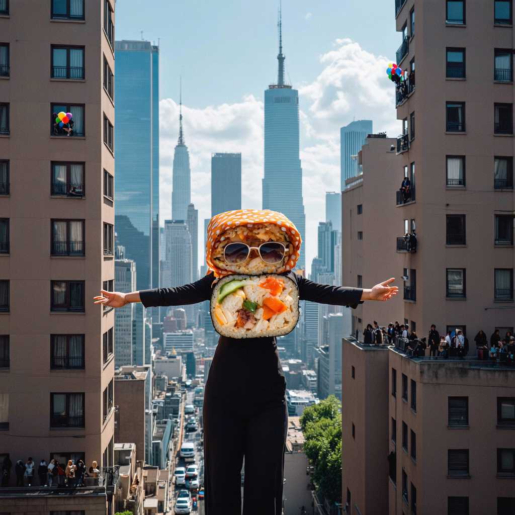 Sushi Superhero Soars Above Cityscape, Balloons and All