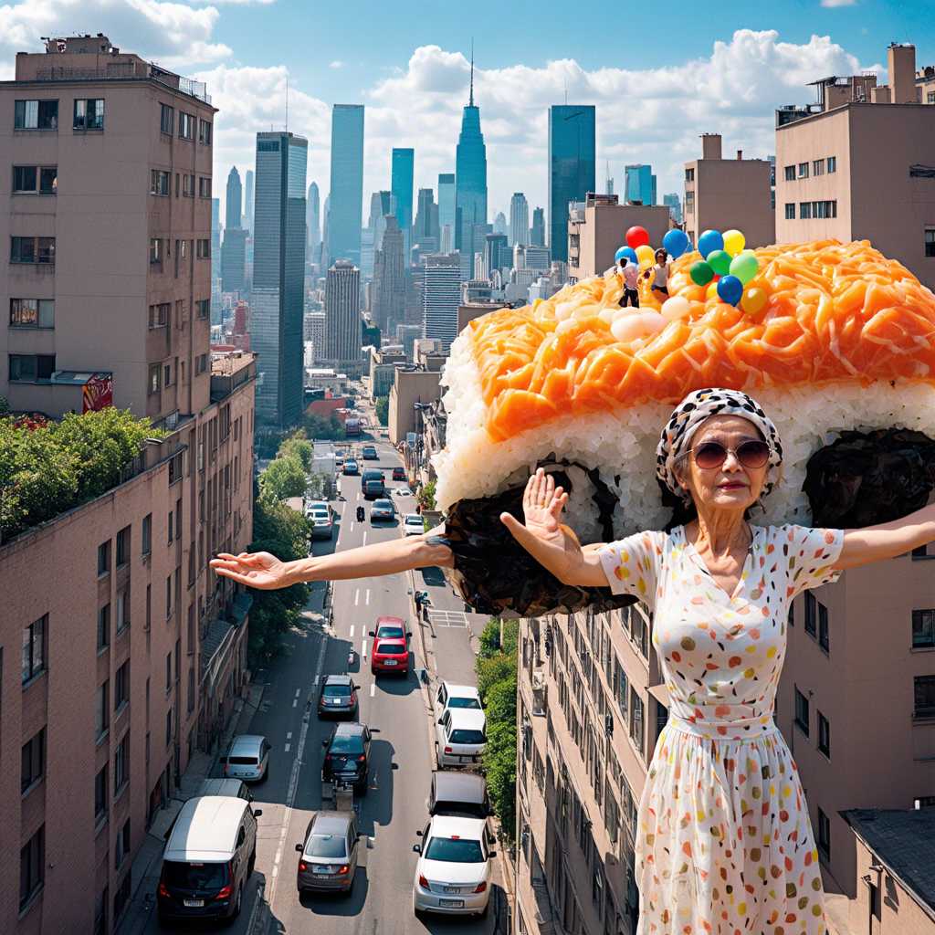 In this surreal and whimsical scene, a large sushi roll, composed of various types of sushi pieces, extends horizontally across a cityscape filled with tall apartment buildings. The sushi roll is not just food; it incorporates elderly women as part of the roll, with each woman becoming a segment of the sushi. The first elderly woman, at the forefront, is wearing a polka-dot headscarf and large, stylish sunglasses, with her arms stretched out as if she is flying. The buildings are adorned with people, mostly elderly women, standing on the rooftops, many holding colorful balloons. The background features a dense array of high-rise buildings, giving the scene a packed, urban feel. The overall atmosphere is playful and fantastical, blending elements of everyday life with imaginative and dreamlike components.