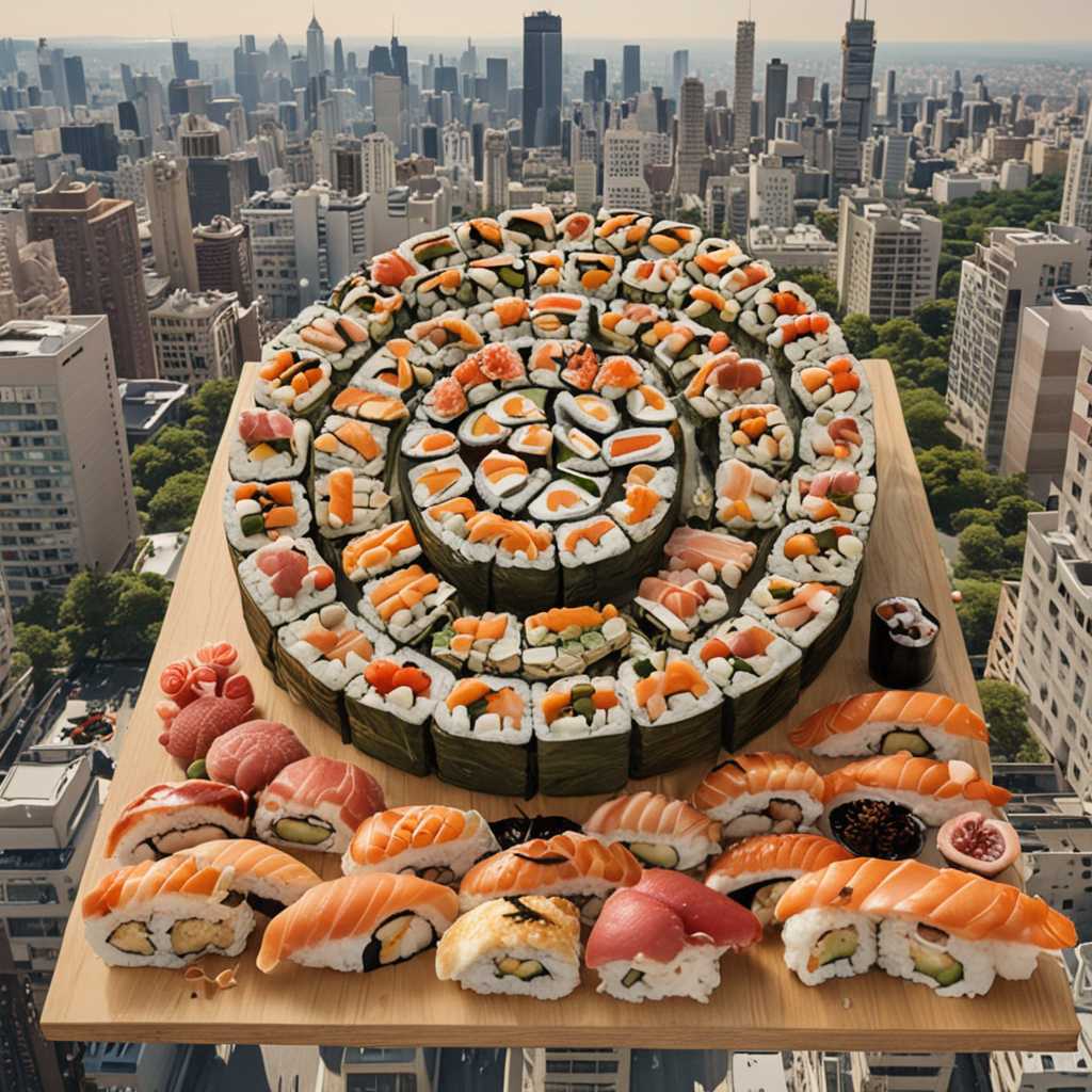 In this surreal and whimsical scene, a large sushi roll, composed of various types of sushi pieces, extends horizontally across a cityscape filled with tall apartment buildings. The sushi roll is not just food; it incorporates elderly women as part of the roll, with each woman becoming a segment of the sushi. The first elderly woman, at the forefront, is wearing a polka-dot headscarf and large, stylish sunglasses, with her arms stretched out as if she is flying. The buildings are adorned with people, mostly elderly women, standing on the rooftops, many holding colorful balloons. The background features a dense array of high-rise buildings, giving the scene a packed, urban feel. The overall atmosphere is playful and fantastical, blending elements of everyday life with imaginative and dreamlike components.