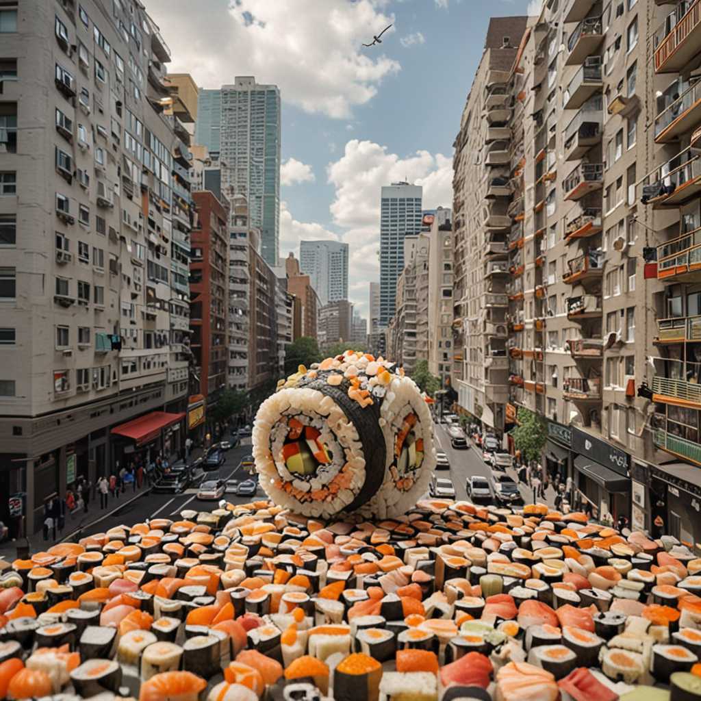 In this surreal and whimsical scene, a large sushi roll, composed of various types of sushi pieces, extends horizontally across a cityscape filled with tall apartment buildings. The sushi roll is not just food; it incorporates elderly women as part of the roll, with each woman becoming a segment of the sushi. The first elderly woman, at the forefront, is wearing a polka-dot headscarf and large, stylish sunglasses, with her arms stretched out as if she is flying. The buildings are adorned with people, mostly elderly women, standing on the rooftops, many holding colorful balloons. The background features a dense array of high-rise buildings, giving the scene a packed, urban feel. The overall atmosphere is playful and fantastical, blending elements of everyday life with imaginative and dreamlike components.