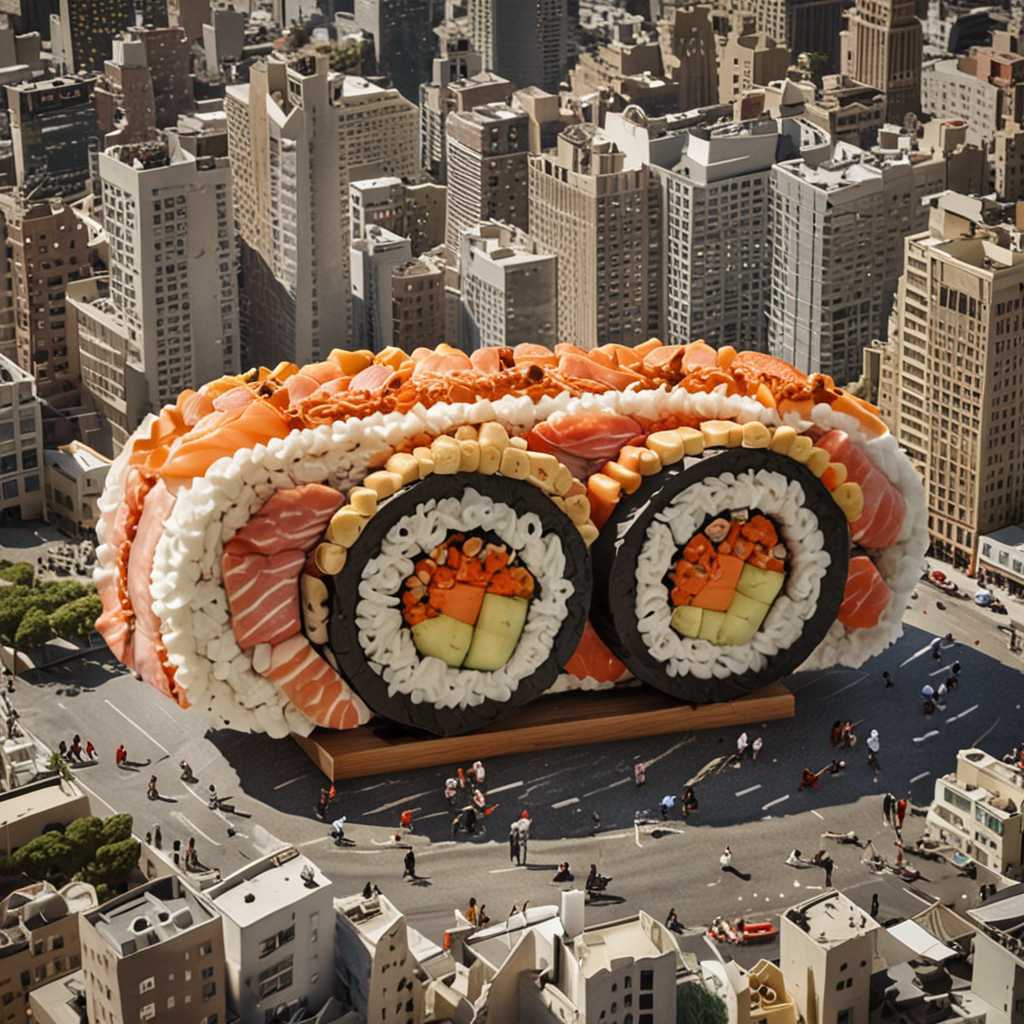 In this surreal and whimsical scene, a large sushi roll, composed of various types of sushi pieces, extends horizontally across a cityscape filled with tall apartment buildings. The sushi roll is not just food; it incorporates elderly women as part of the roll, with each woman becoming a segment of the sushi. The first elderly woman, at the forefront, is wearing a polka-dot headscarf and large, stylish sunglasses, with her arms stretched out as if she is flying. The buildings are adorned with people, mostly elderly women, standing on the rooftops, many holding colorful balloons. The background features a dense array of high-rise buildings, giving the scene a packed, urban feel. The overall atmosphere is playful and fantastical, blending elements of everyday life with imaginative and dreamlike components.