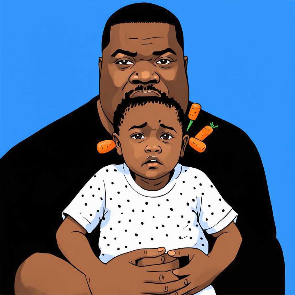 The image depicts notorious big also known as biggie smalls, with a dark complexion, wearing a black top. biggie is holding his daughter, who appears to be in a state of distress or crying, with a light complexion and wearing a white top with a pattern of dark spots. The child's ear has 5 carrots sticking out of it, which stands out due to its bright orange color against the darker tones of the child's skin. The background is a simple, flat shade of blue. The style of the image is cartoonish, with bold outlines and flat colors, giving it a playful and exaggerated appearance.