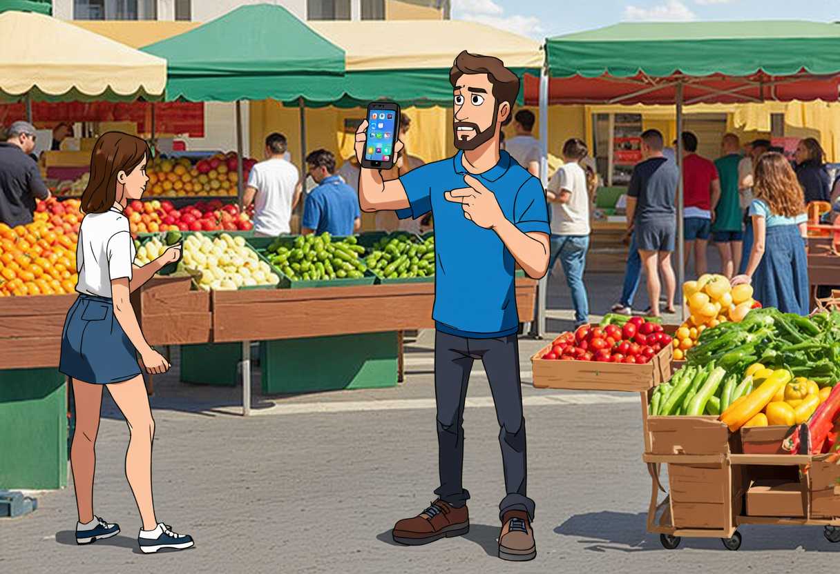 a cartoon A bustling farmers market filled with colorful stalls of fresh produce. In the foreground, andy samberg is standing with a perplexed expression, holding a cellphone that looks like a person. Nearby, a woman, presumably his girlfriend, is handing him the phone-person. The man looks at the phone-person in disbelief, and in the next moment, he is seen throwing the phone-person onto the ground with force. The atmosphere is lively and vibrant, with people shopping, chatting, and moving about. The background shows a variety of market stalls with vendors and customers. The scene captures a mix of confusion, frustration, and everyday life at the market.