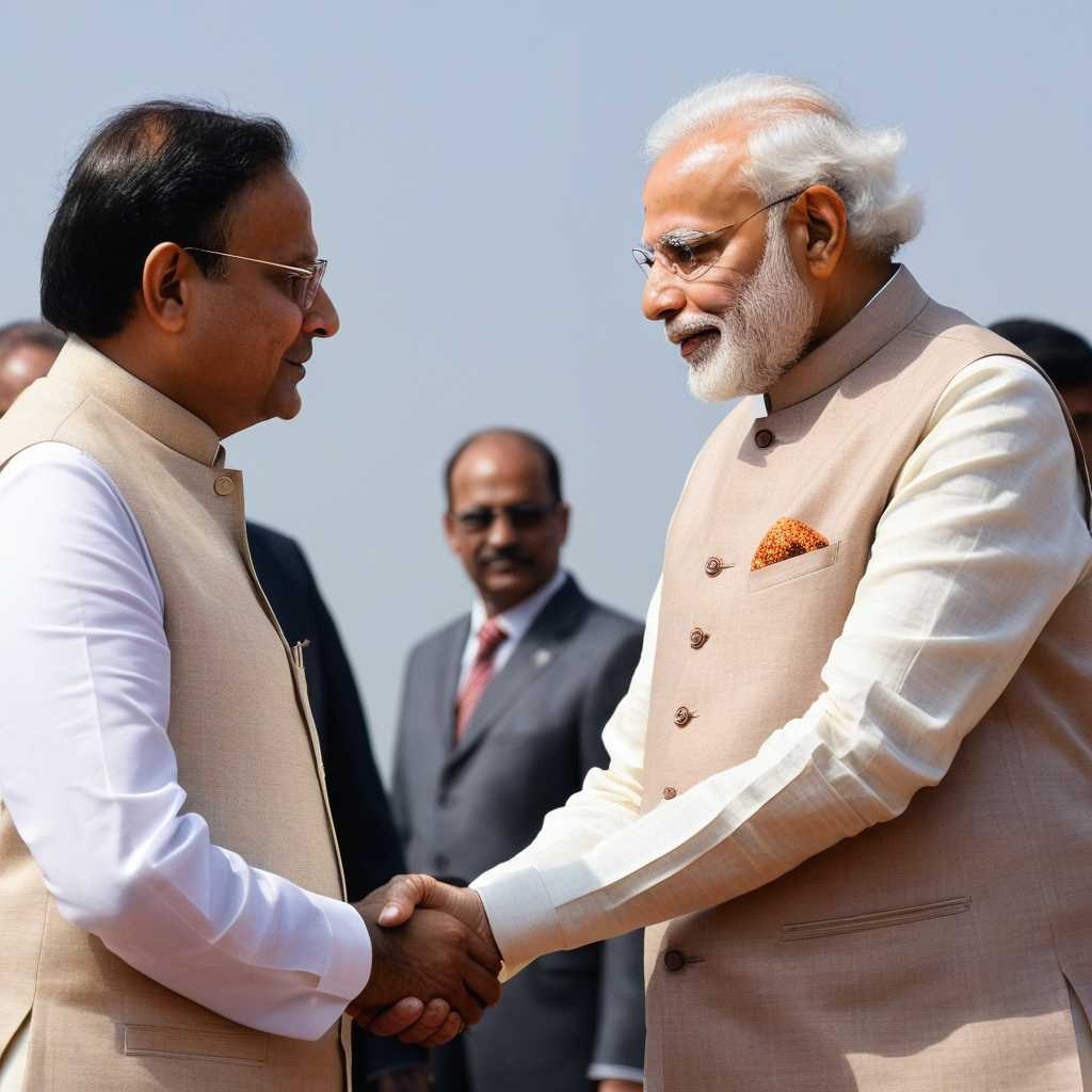 Indian prime minister PM Modi shaking hand with a man, side view,
