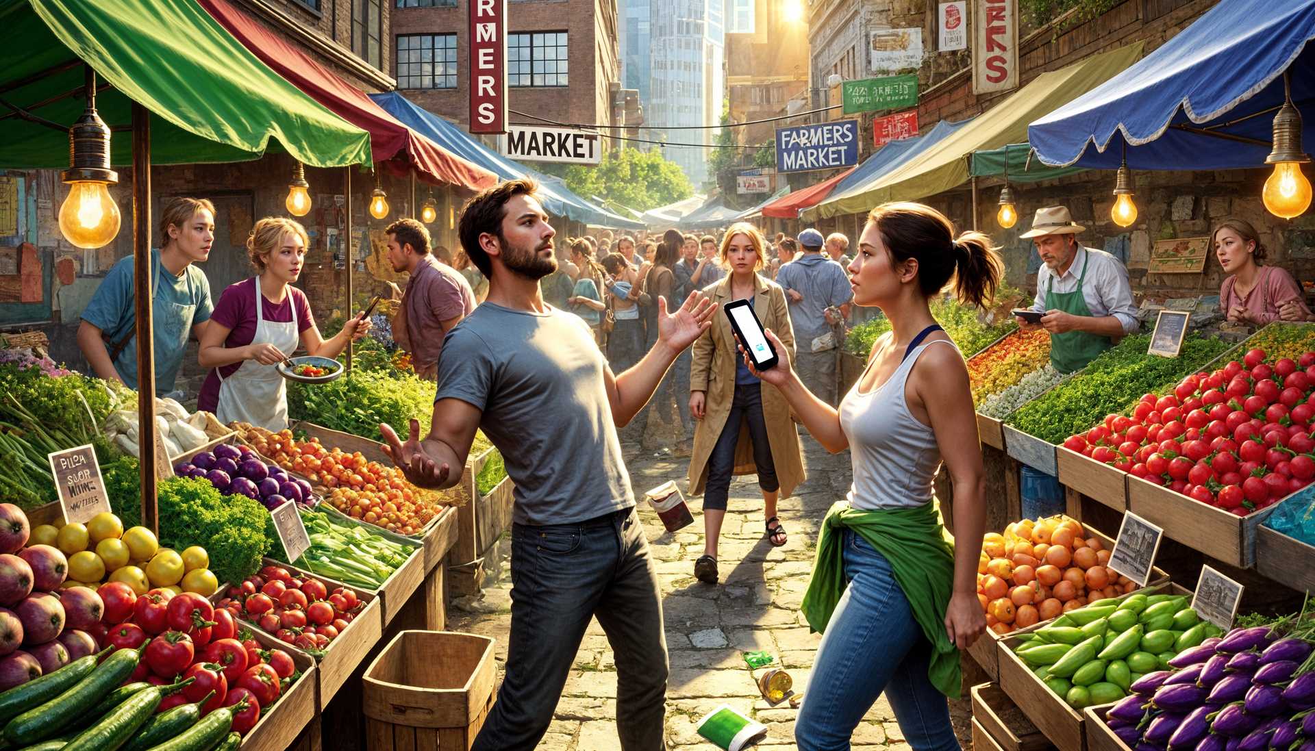 Outdoor Farmers Market Scene with Customers and Vendors