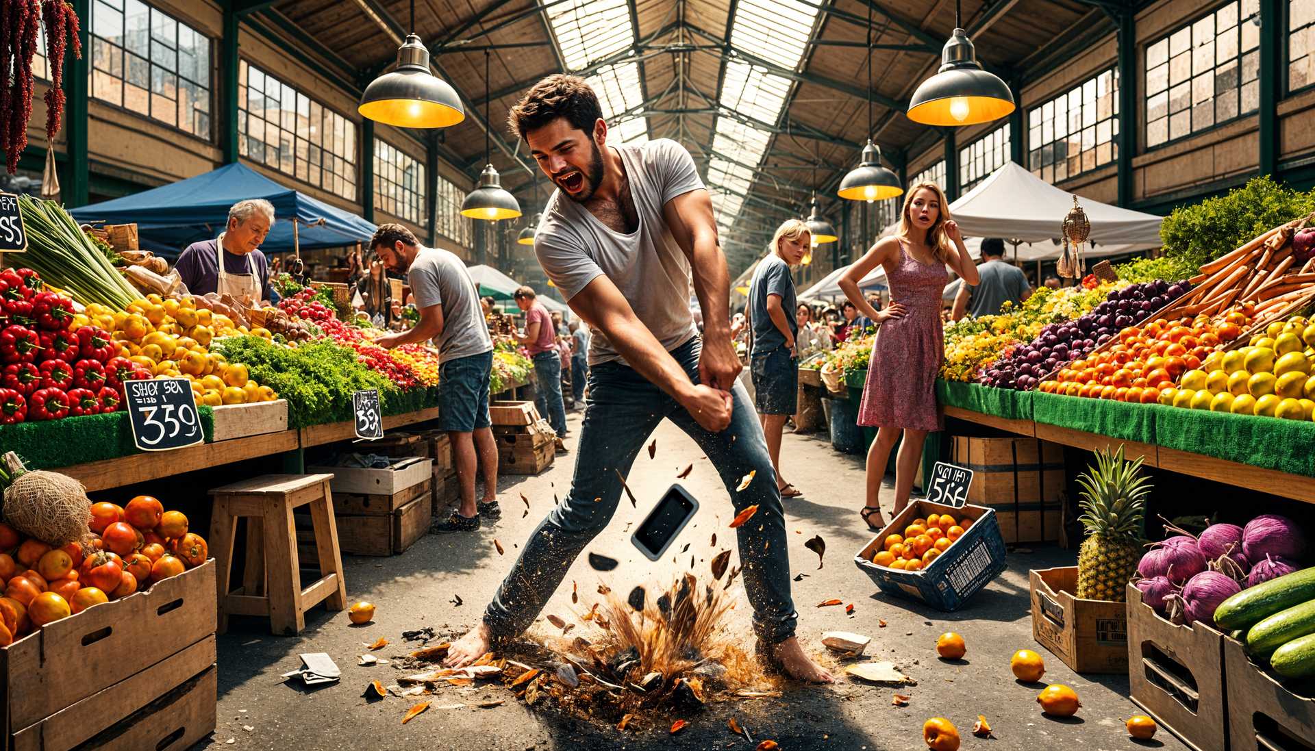 Angry Man Destroys Smartphone Amidst Vibrant Market Setting